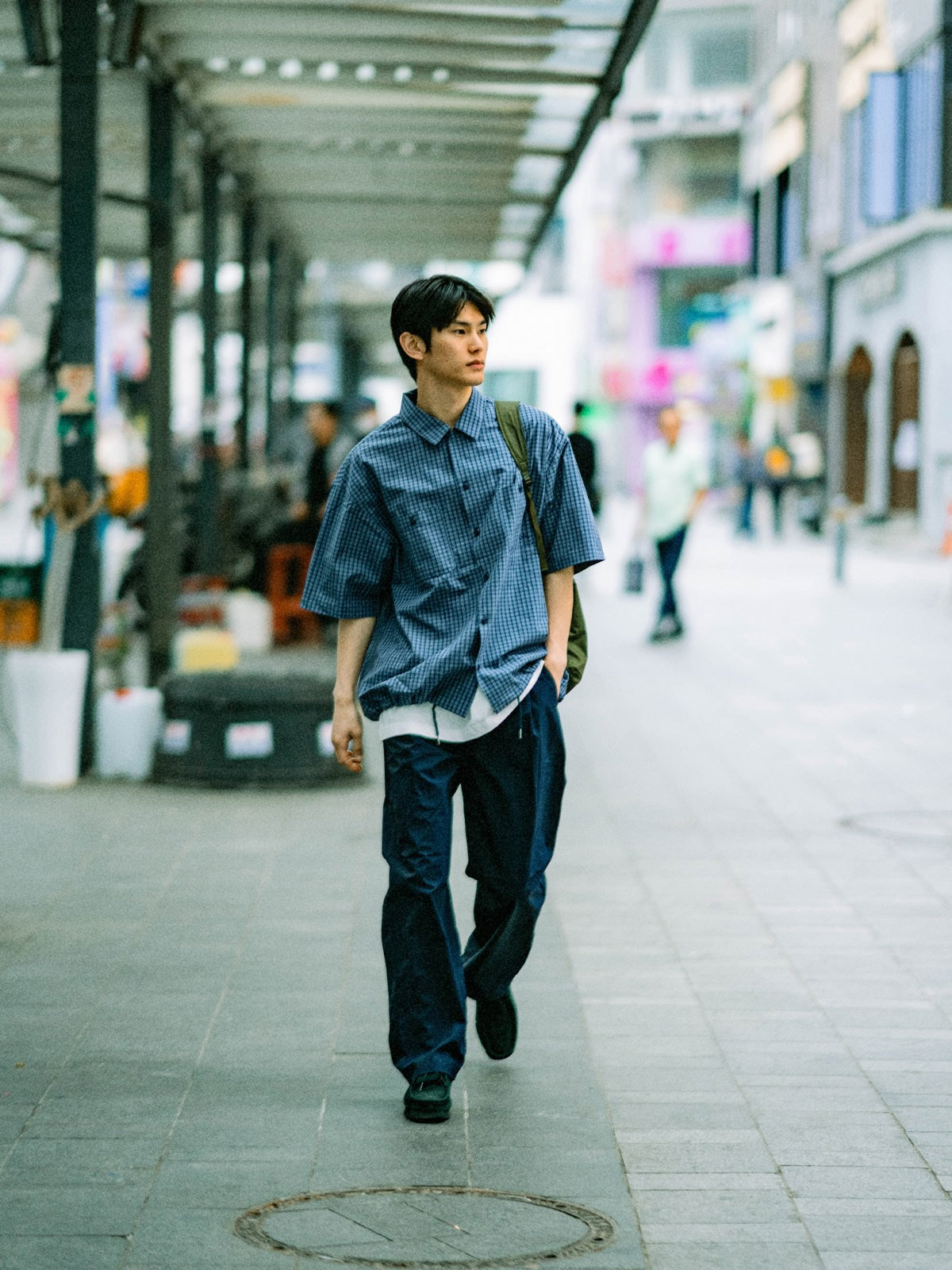 Open Collar Check Shirts (Charcoal)