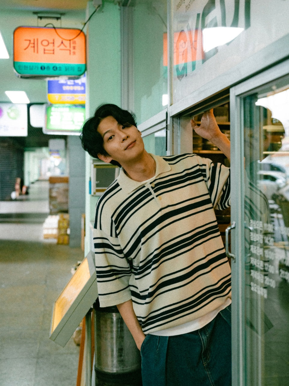 Airy Cotton Collar Knit (Stripe Ivory)