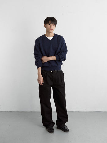 Cable Stripe V-Neck Knit (Navy)