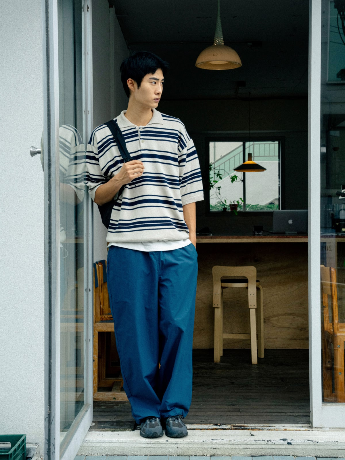 Airy Cotton Collar Knit (Stripe Ivory)