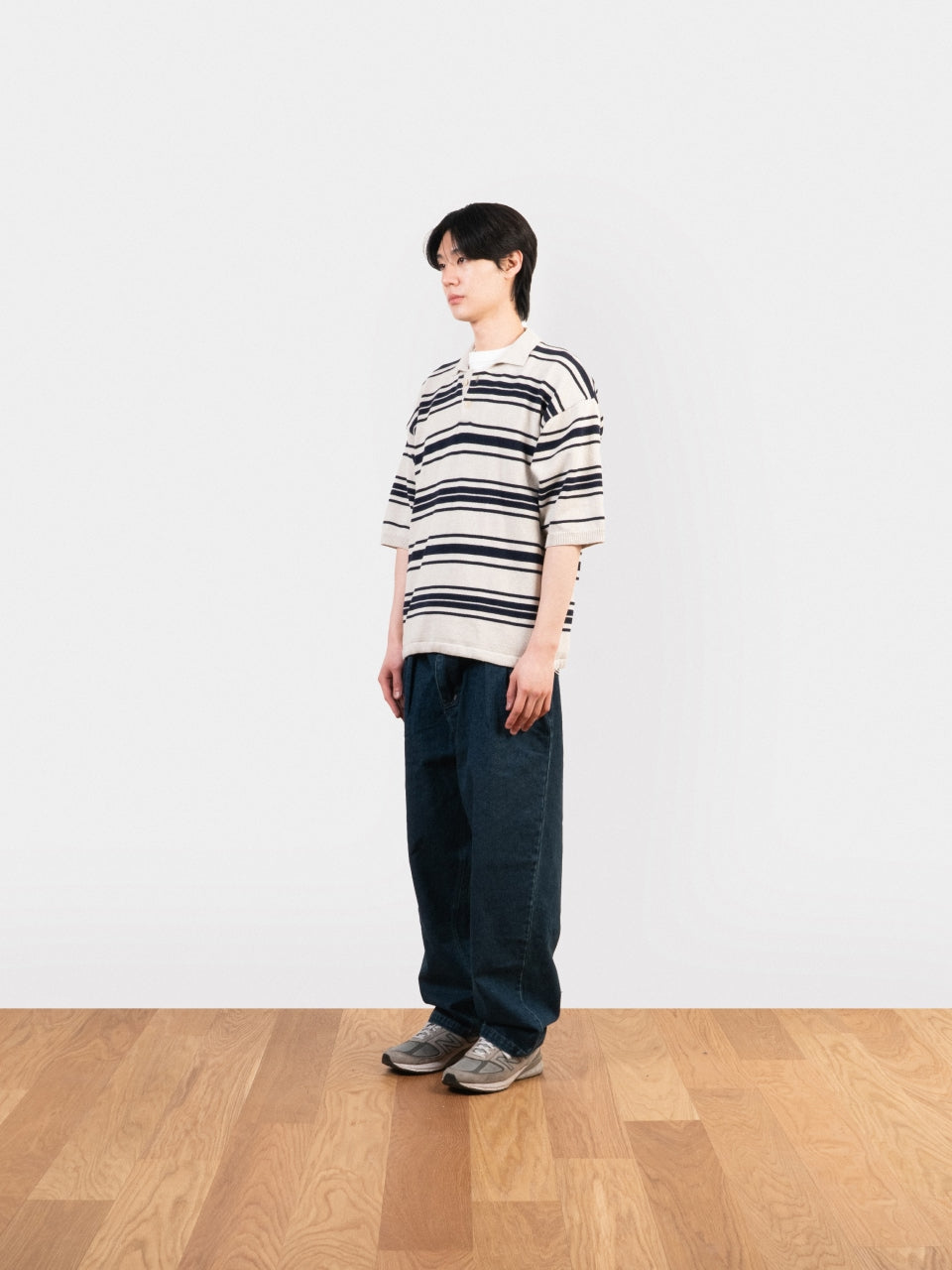 Airy Cotton Collar Knit (Stripe Ivory)