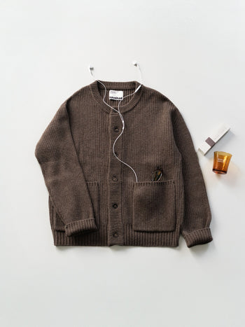 Fine Wool Roundneck Cardigan (Brown)