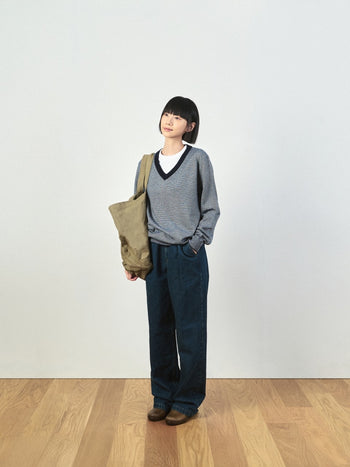 (W)Pin-Stripe V-neck Knit (Navy)