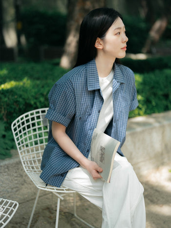 Open Collar Check Shirts (Navy)