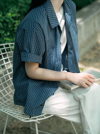Open Collar Check Shirts (Charcoal)