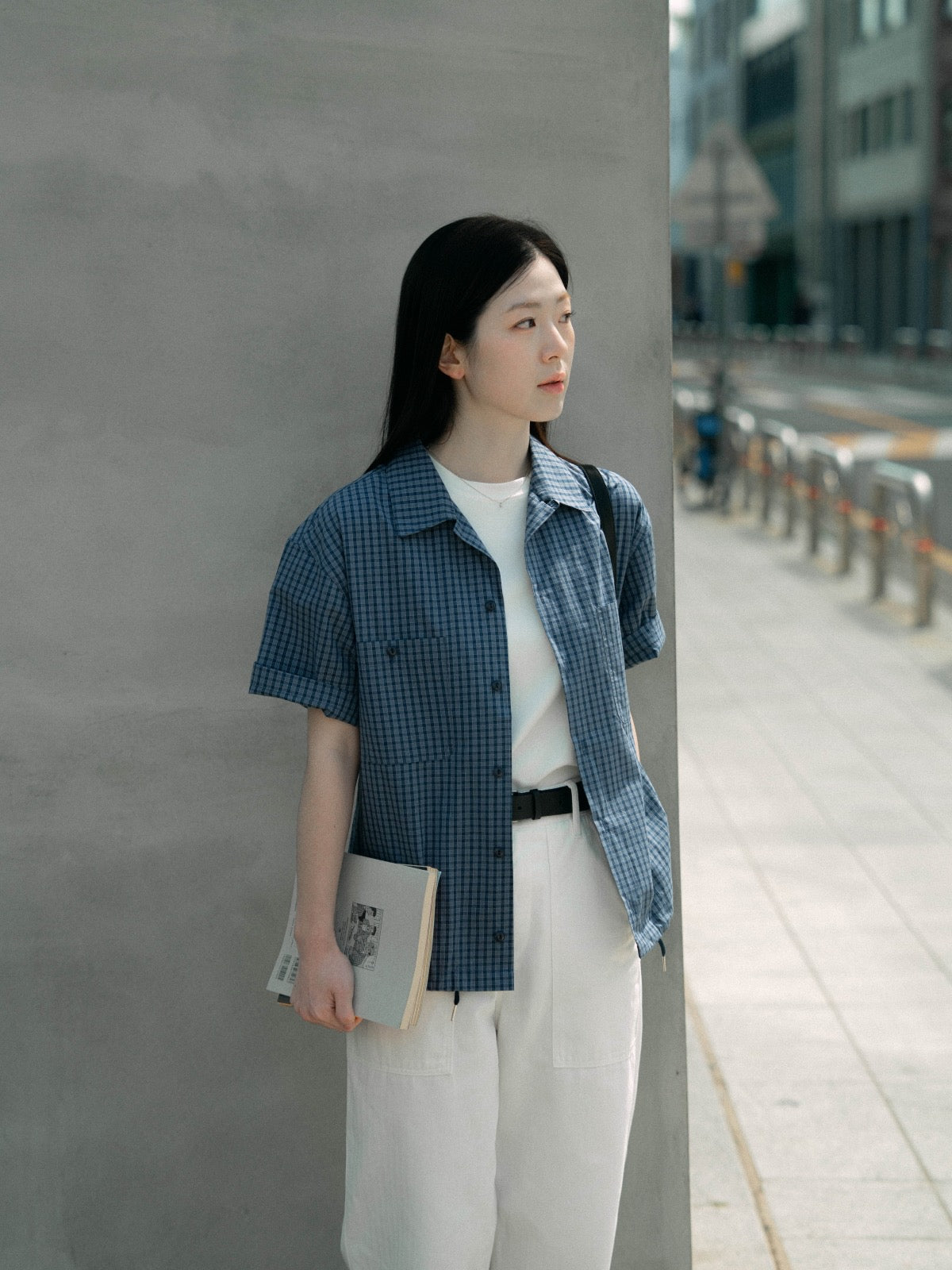 Open Collar Check Shirts (Navy)