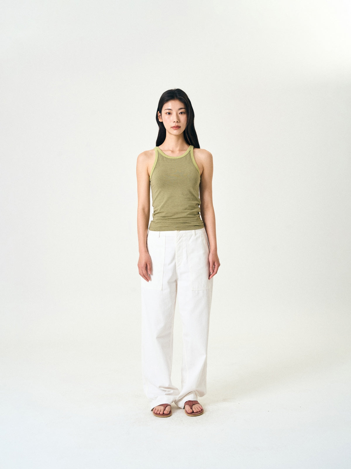U-neck Sleeveless Top (Stripe Olive)