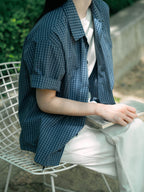 Open Collar Check Shirts (Navy)