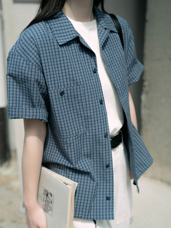 Open Collar Check Shirts (Charcoal)