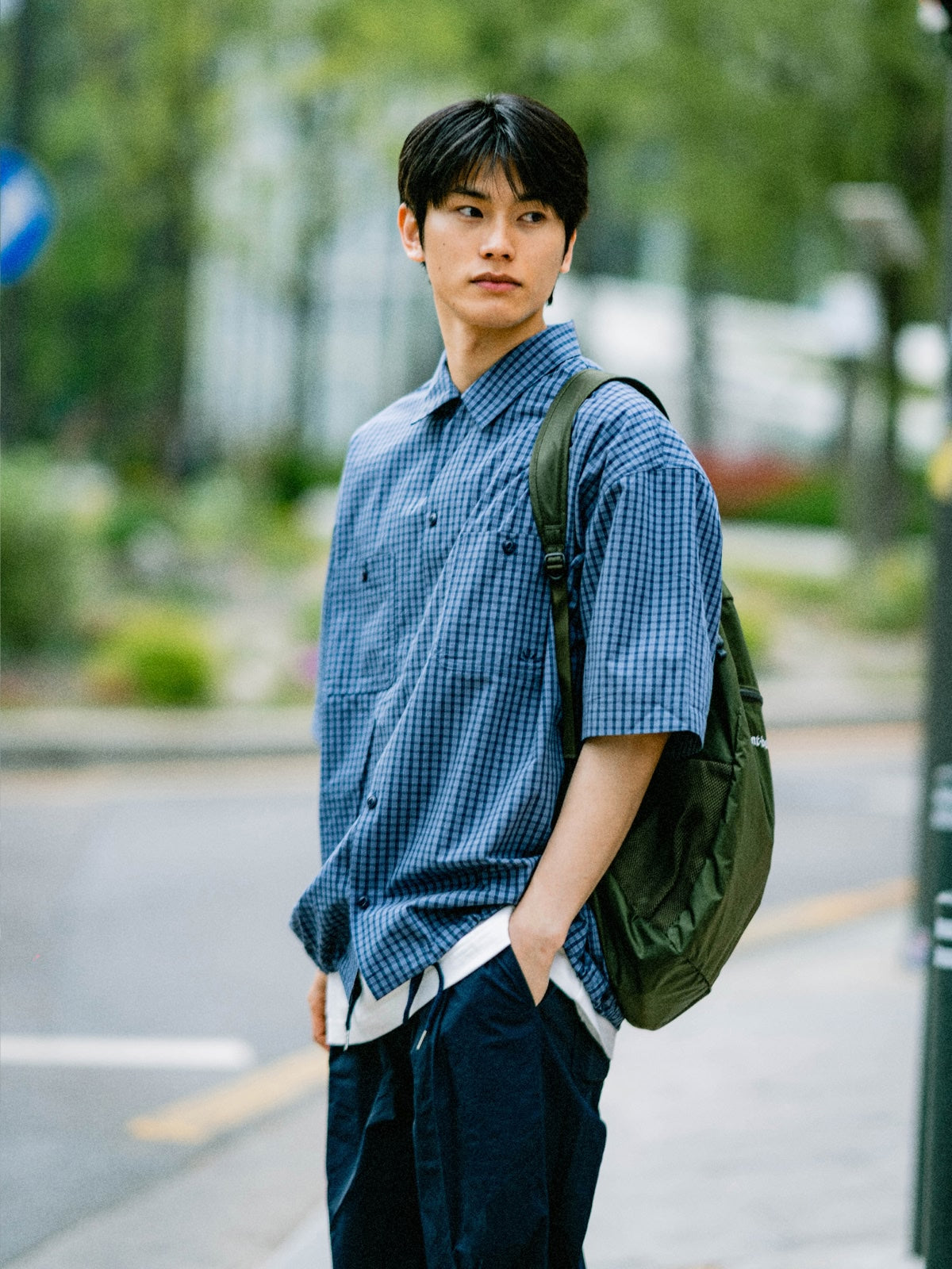 Open Collar Check Shirts (Charcoal)