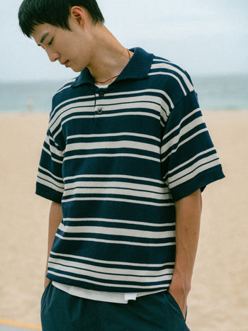 Airy Cotton Collar Knit (Stripe Navy)