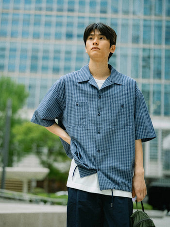 Open Collar Check Shirts (Beige)