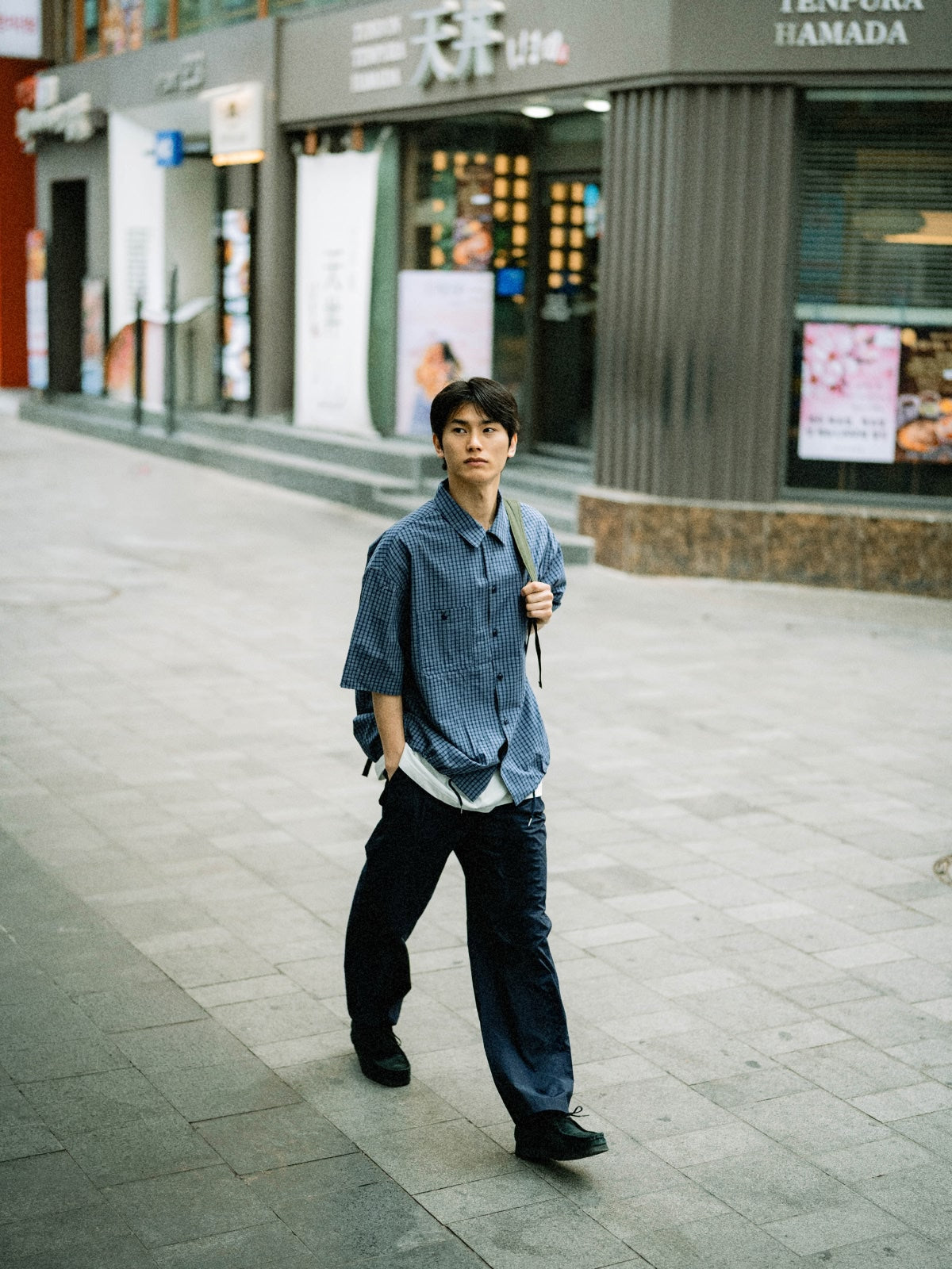 Open Collar Check Shirts (Navy)