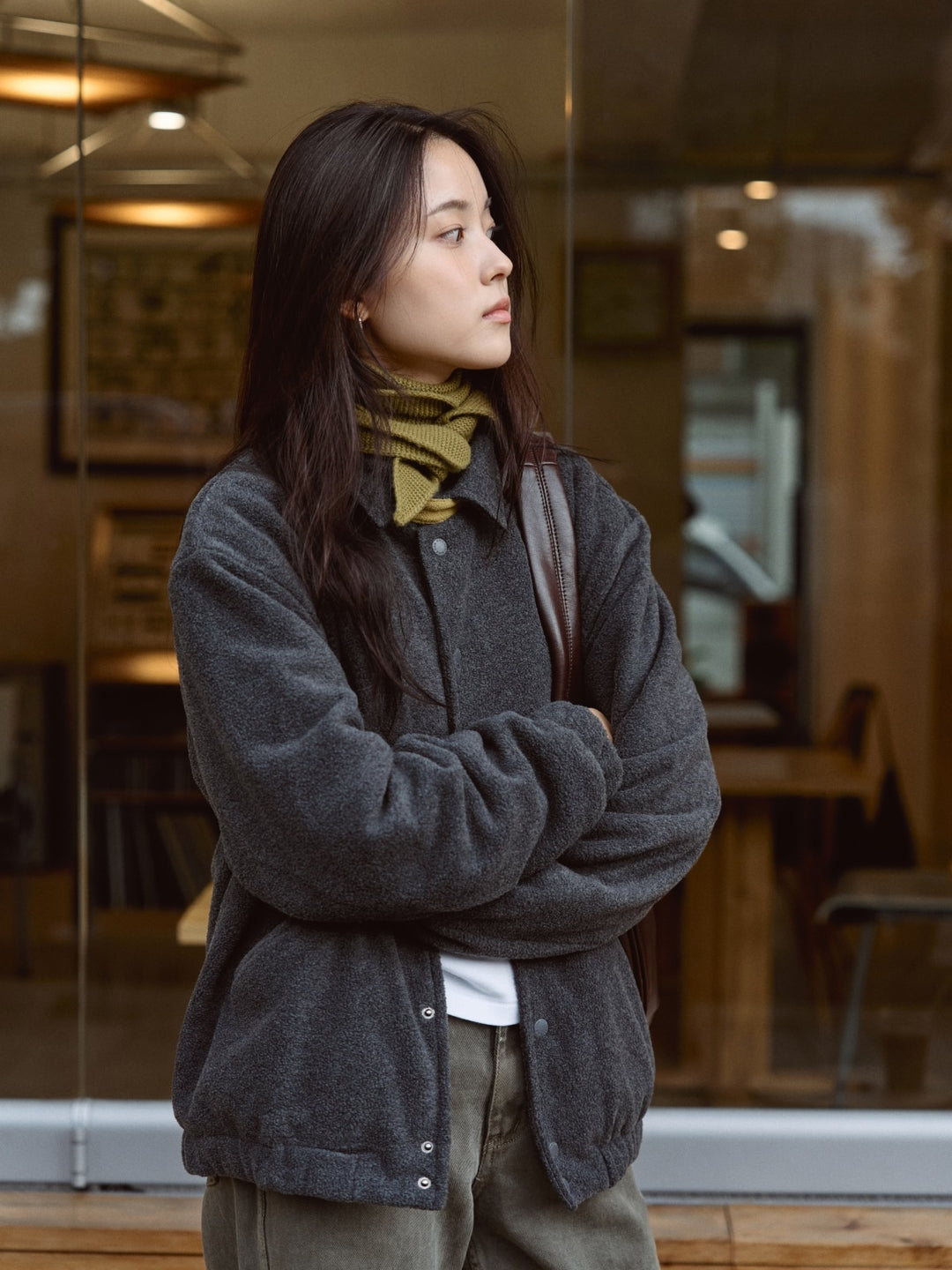 Two-tone Strap Fleece Jacket (Charcoal)