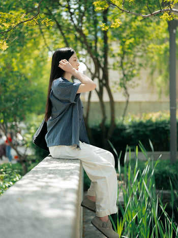 Open Collar Check Shirts (Beige)