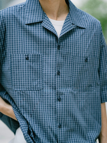 Open Collar Check Shirts (Navy)