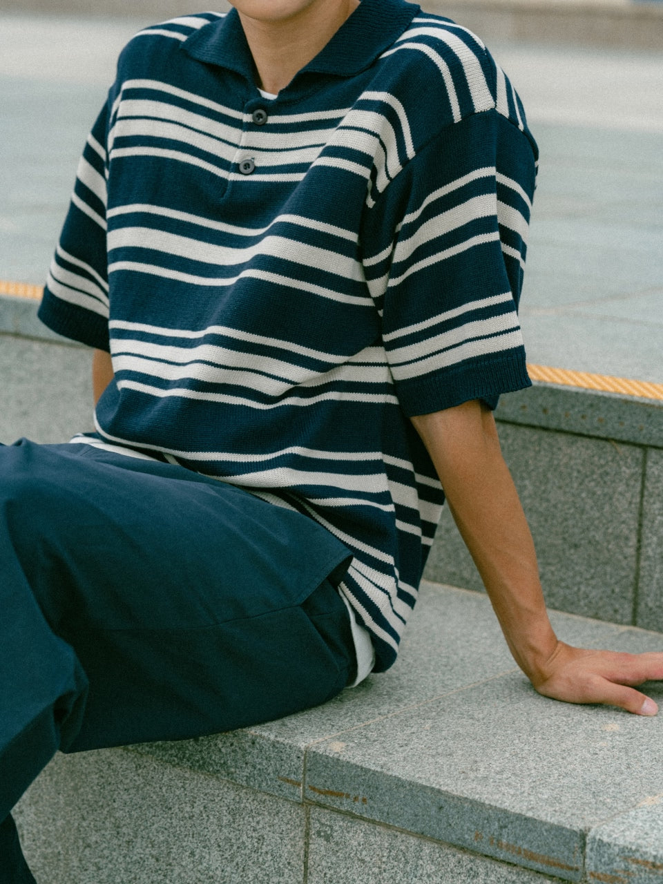 Airy Cotton Collar Knit (Stripe Navy)