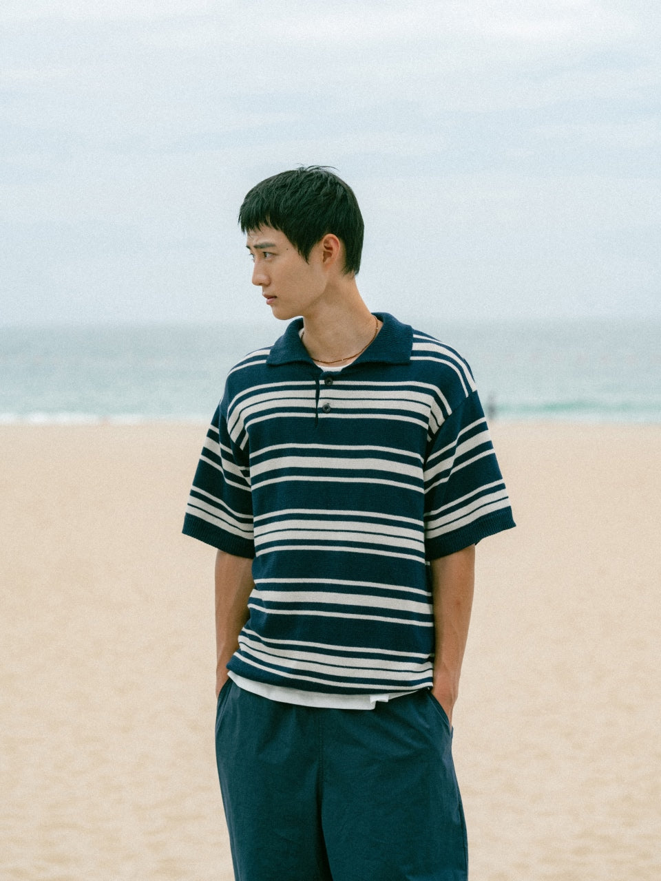 Airy Cotton Collar Knit (Stripe Navy)
