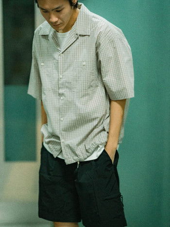 Open Collar Check Shirts (Navy)