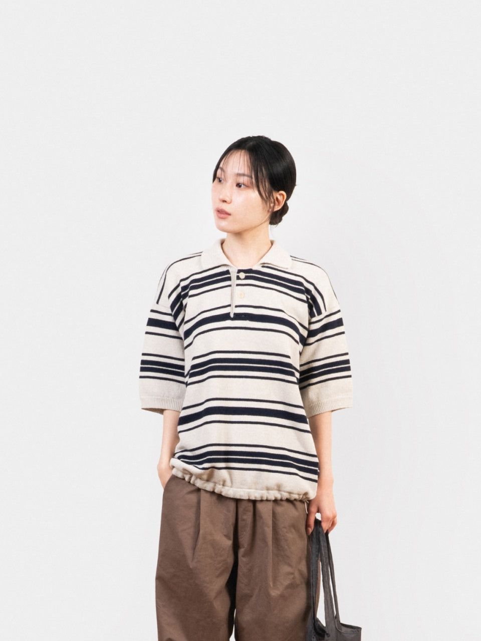 Airy Cotton Collar Knit (Stripe Ivory)
