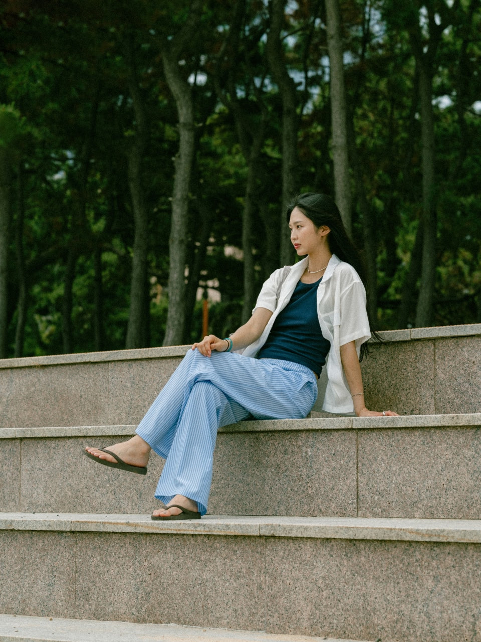 Easy Stripe Banding Pants (Stripe Blue)